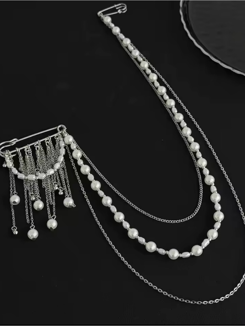 Silver Faux Pearl Multi-Chain Brooch - Picture 5 of 7